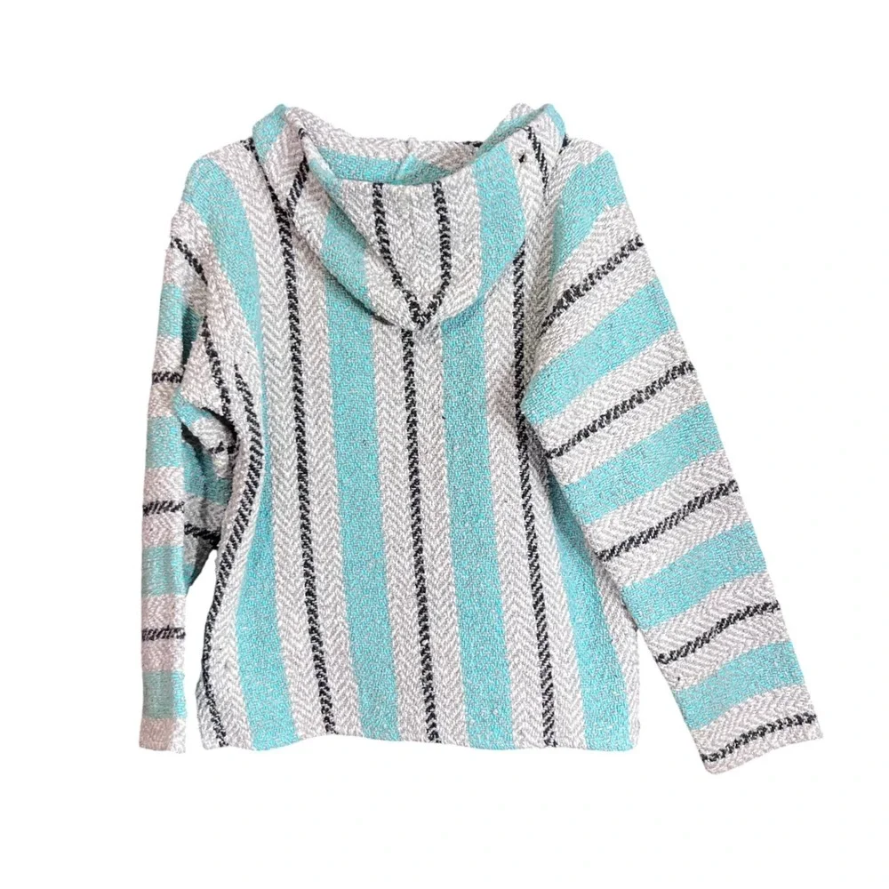 Earth Ragz Size Small Baja Hoodie Turquoise Teal Grey Striped Mexican Poncho - Picture 3 of 13